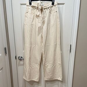 LOFT Cream Palazzo Jeans with Button Detail and Coordinating Belt